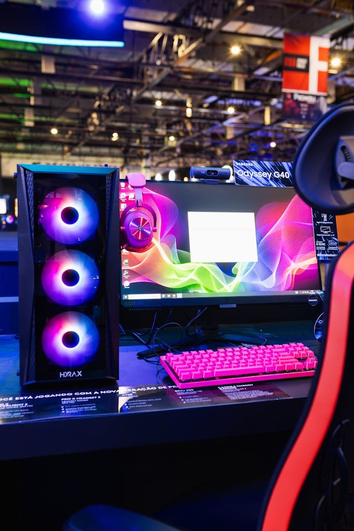 A vibrant gaming setup with RGB lights showcased at a technology trade show, featuring Samsung Odyssey G40 monitor.